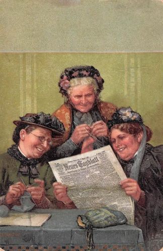 Ansichtskarte Alte Frauen lesen beim Stricken gerne Zeitung
