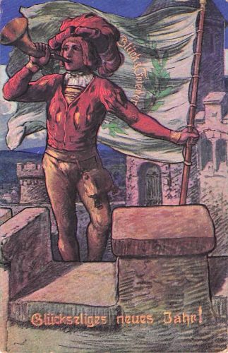 Ak Glückwunsch Neujahr, Trompeter, Fahne, Rathausturm