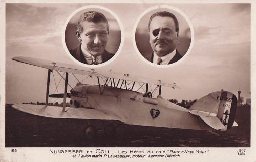 Ak Flugpioniere Nungesser u. Coli, avion marin P. Levasseur, Heros du raid Paris New York