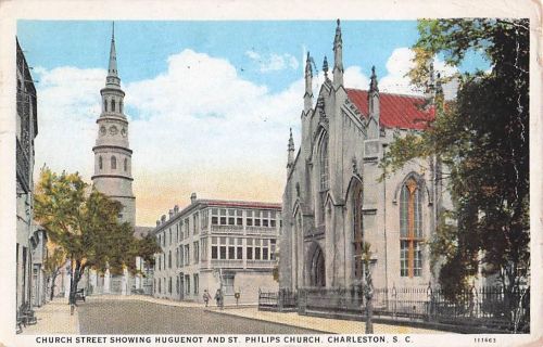 Postkarte aus den 1920er Jahren – Church Street, Hugenottenkirche und St.-Philipps-Kirche, Charleston, South Carolina