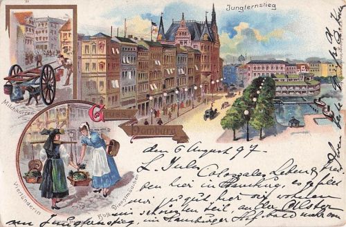 LITHO GRUSS AUS HAMBURG JUNGFERNSTIEG + MILCHKARREN 3 BILD COL