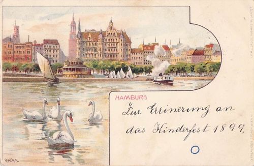 Lithographie Hamburg-Neustadt, Blick von der Binnenalster zum Restaurant Alsterlust
