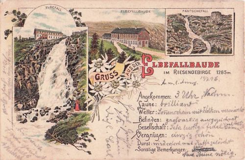 Gruss aus der Elbefallbaude im Riesengebirge 1285 m. Elbefall. Elbefallbaude. Pantschefall