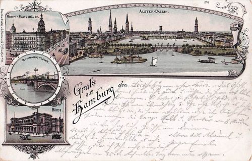 Lithographie Hamburg, Alster-Bassin, Haupt-Postgebäude, Börse