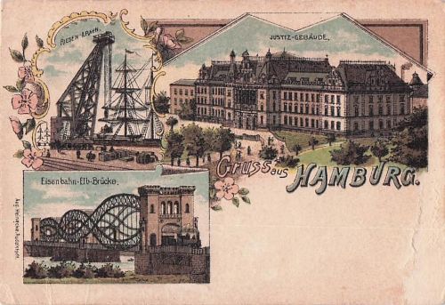 Lithographie Hamburg, Justizgebäude, Eisenbahn-Elb-Brücke, Riesen-Krahn