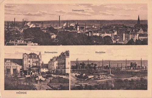 AK Hörde, Totalansicht, Rathausplatz, Hochöfen