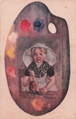 Künstlerische Darstellung eines holländischen Mädchens, um 1910. Ungestempelte Postkarte mit Farbpalette.