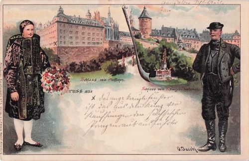 Lithographie Altenburg, Schloss mir Auffahrt, Trachten