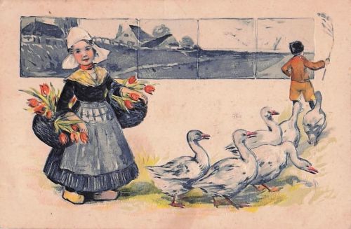 AK Mädchen in niederländischer Tracht mit Körben voller Tulpen