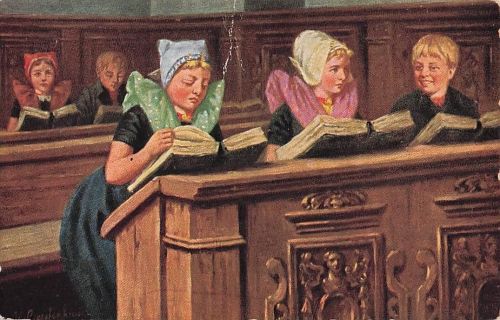 Künstler Ak Gerstenhauer, Schüler in Niederländischer Tracht, Schulbank, Bücher