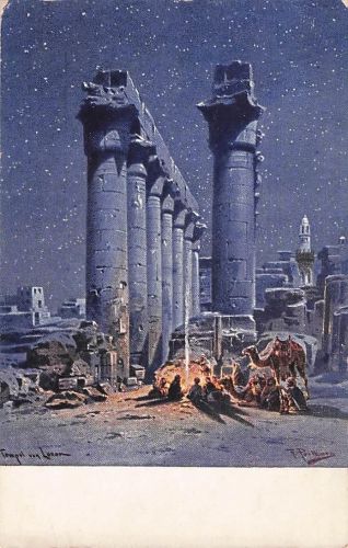 Künstler Ak Perlberg, F., Luxor Ägypten, Luxortempel, Lagerfeuer