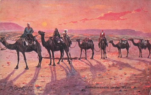Postkarte aus Ägypten: Kamelkarawane in der Wüste