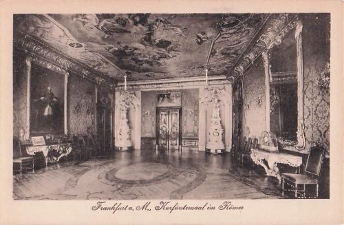 Postkarte Frankfurt am Main, Kurfürstensaal im Römer, historischer Innenraum, dekorierte Decke