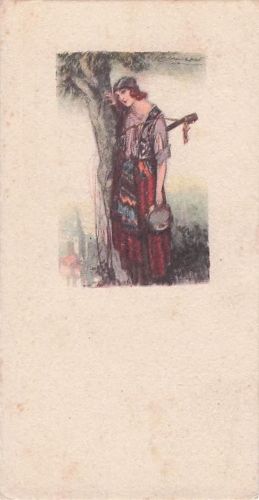 Künstler Ak Mauzan, Frau mit Gitarre und Kopftuch, Zigeunerin