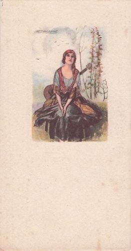 Künstler Ak Mauzan, Frau mit Gitarre und Kopftuch, Zigeunerin