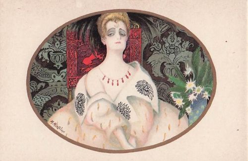 Künstler: M. Monteloyo. Art Déco. Elegante Dame im Glamour-Stil.