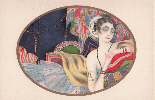 Künstler: M. Monteloyo. Art Déco. Elegante Dame im Glamour-Stil.