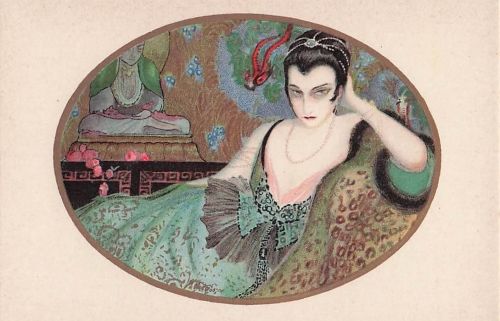 Künstler: M. Monteloyo. Art Déco. Elegante Dame im Glamour-Stil.