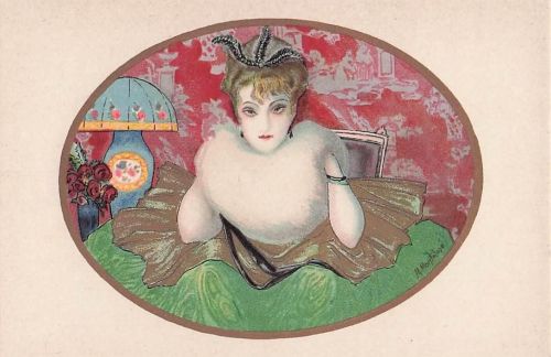 Künstler: M. Monteloyo. Art Déco. Elegante Dame im Glamour-Stil.