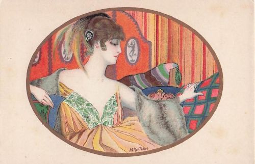 Künstler: M. Monteloyo. Art Déco. Elegante Dame im Glamour-Stil.