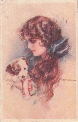 T. Corbella, vom Künstler signiert, Junge Dame mit einem süßen Hundewelpen, Vintage-Postkarte B Balis Postkarten und Briefmarken (8330)