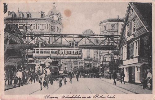 AK Barmen-Elberfeld, Schwebebahn an der Rathausbrücke