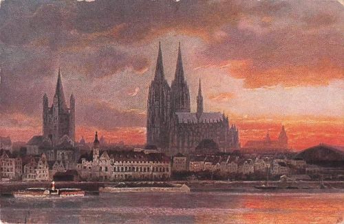 Postkarte im Kontinentalformat, Künstlerdarstellung von Köln am Rhein