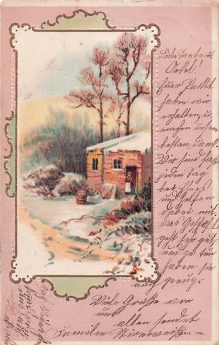 winterliche Landschaft mit einer verschneiten Hütte