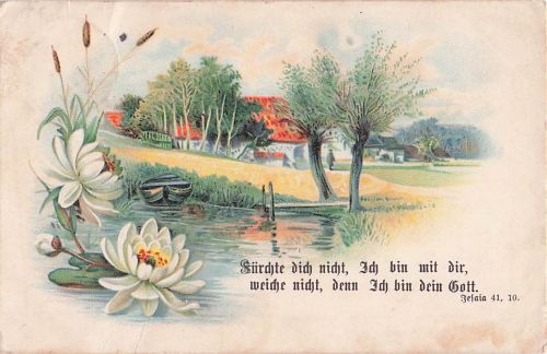 Bild handelt es sich um eine antike Postkarte mit einem biblischen Zitat aus Jesaia 41, 10.