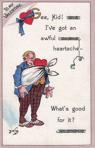 Valentinstags-Herzschmerz, signierte Postkarte des Comiczeichners Dwig (ca. 1910)