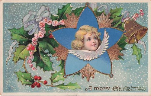 Weihnachtspostkarte – Engelsgesicht, Stechpalmengold-Finish, ca. 1910, Gelcoat