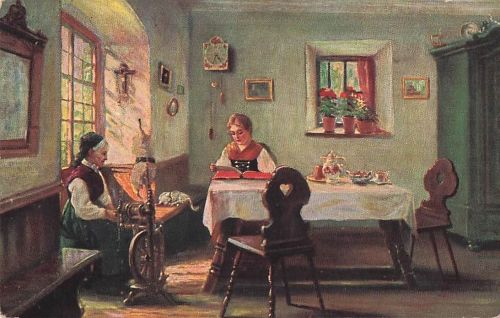 Deutschland, historische Postkarte, Nähen, Spinnen, Spinnrad, Lesen, Frau