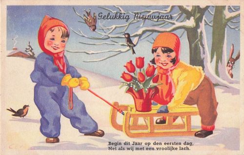 niederländische Neujahrspostkarte mit einer winterlichen Szene.