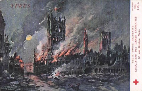 Künstler Ak Ypres Westflandern, Zerschossenes Rathaus, Kriegszerstörungen, I. WK