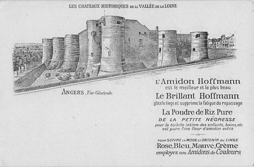 Mittelalterliche Burg mit Petite Negresse Werbung ANGERS Frankreich Amidon Hoffman 1910