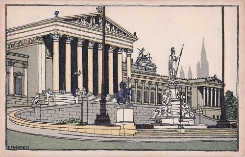 Künstler sign. Schwetz, Kilophot. Nr. A 105: Wien, Vor dem Parlament, Jugendstil