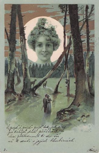 Jugendstil-Postkarte von 1901: Frau in Gold, Mond über einem Paar, das durch den Wald spaziert