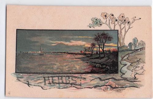 Lithographie Herbst, Uferpartie in Dämmerlicht, Allegorie