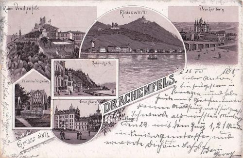 Lithographie Königswinter, Drachenfels, Drachenburg, Rolandseck
