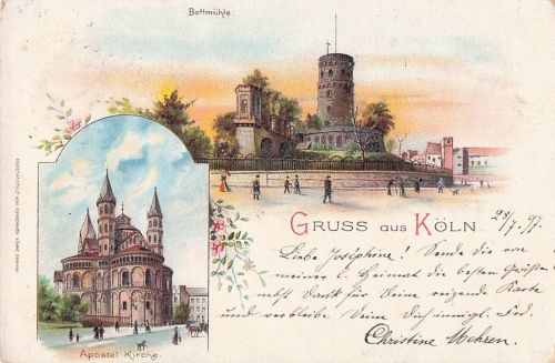 Lithographie Köln / Rhein, Ursulakirche und Bottmühle