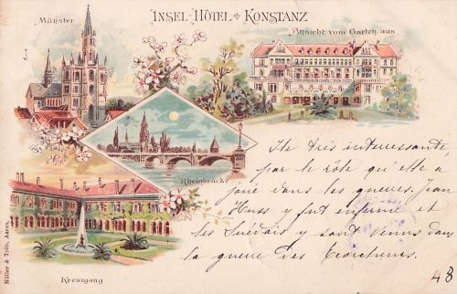 Lithographie Konstanz, Insel Hotel vom Garten aus, Münster, Rheinbrücke, Kreuzgang