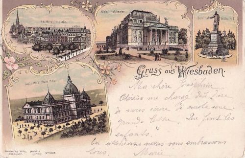 Lithographie Wiesbaden, Kochbrunnenplatz, Hoftheater, Augusta Victoria Bad