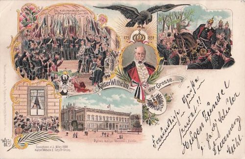 Lithographie Berlin, Palais Kaiser Wilhelm, Kaiser Wilhelm I. letzter Gruss 1888, Kaiser Wilhelm der Grosse