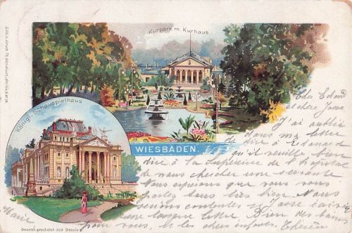 Lithographie Wiesbaden, Kurpark mit Kurhaus und Königl. Schauspielhaus