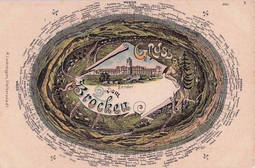Lithographie Brocken, das Brocken-Hotel, eine Landkarte der Umgebung