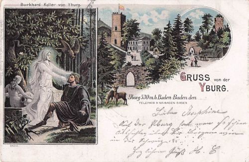 Lithographie Baden-Baden, Yburg mit Burkhard Keller von Yburg