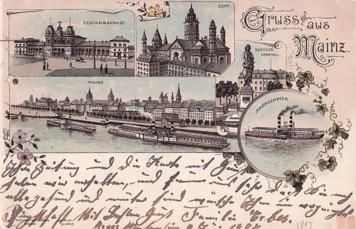 Lithographie Mainz, Centralbahnhof, Schillerdenkmal, Stadtpanorama mit Dampfern