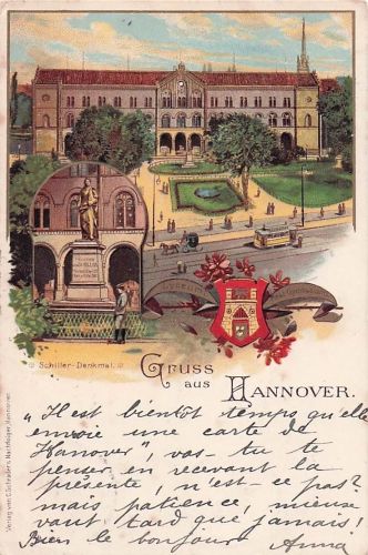 Lithographie Hannover, Lyceum Real-Gymnasium, Schiller-Denkmal, Wappen