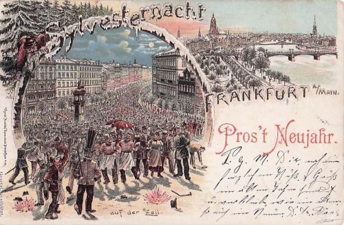 Winter Litho Frankfurt am Main, Glückwunsch Neujahr,Auf der Zeil, Stadtblick, Brücke, Silvesternacht