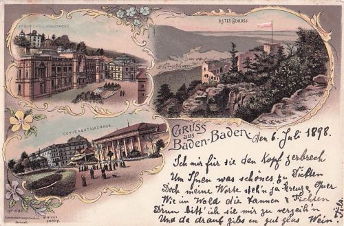 Litho Baden Baden, Altes Schloss, Conversationshaus, Friedrichsbad, Augustabad